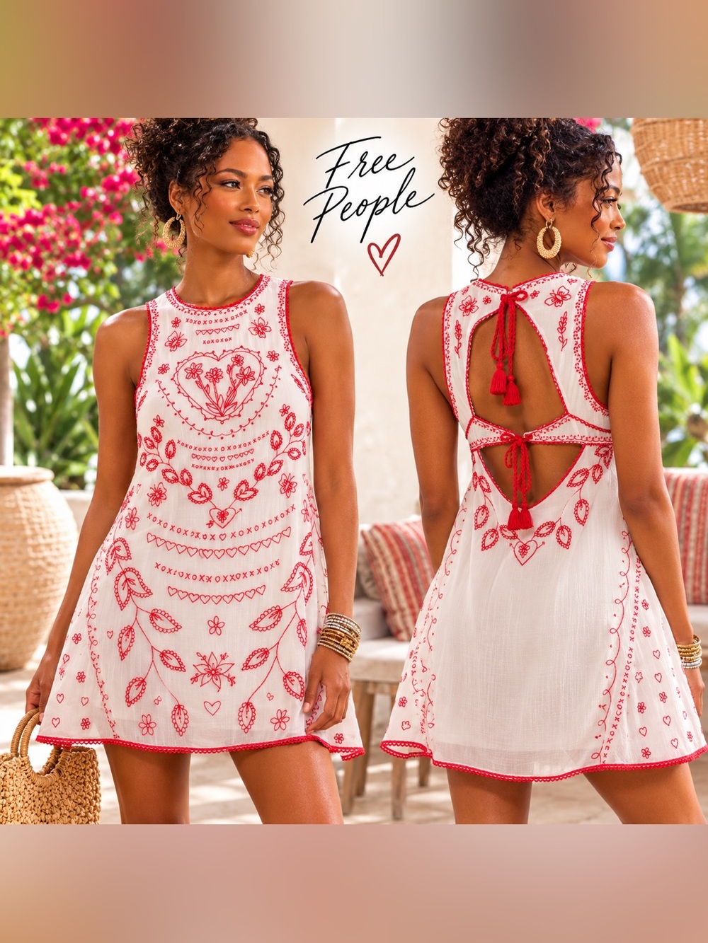 Free People Love Letters Mini Dress Ivory Red Embroidered Open Back Tassel M